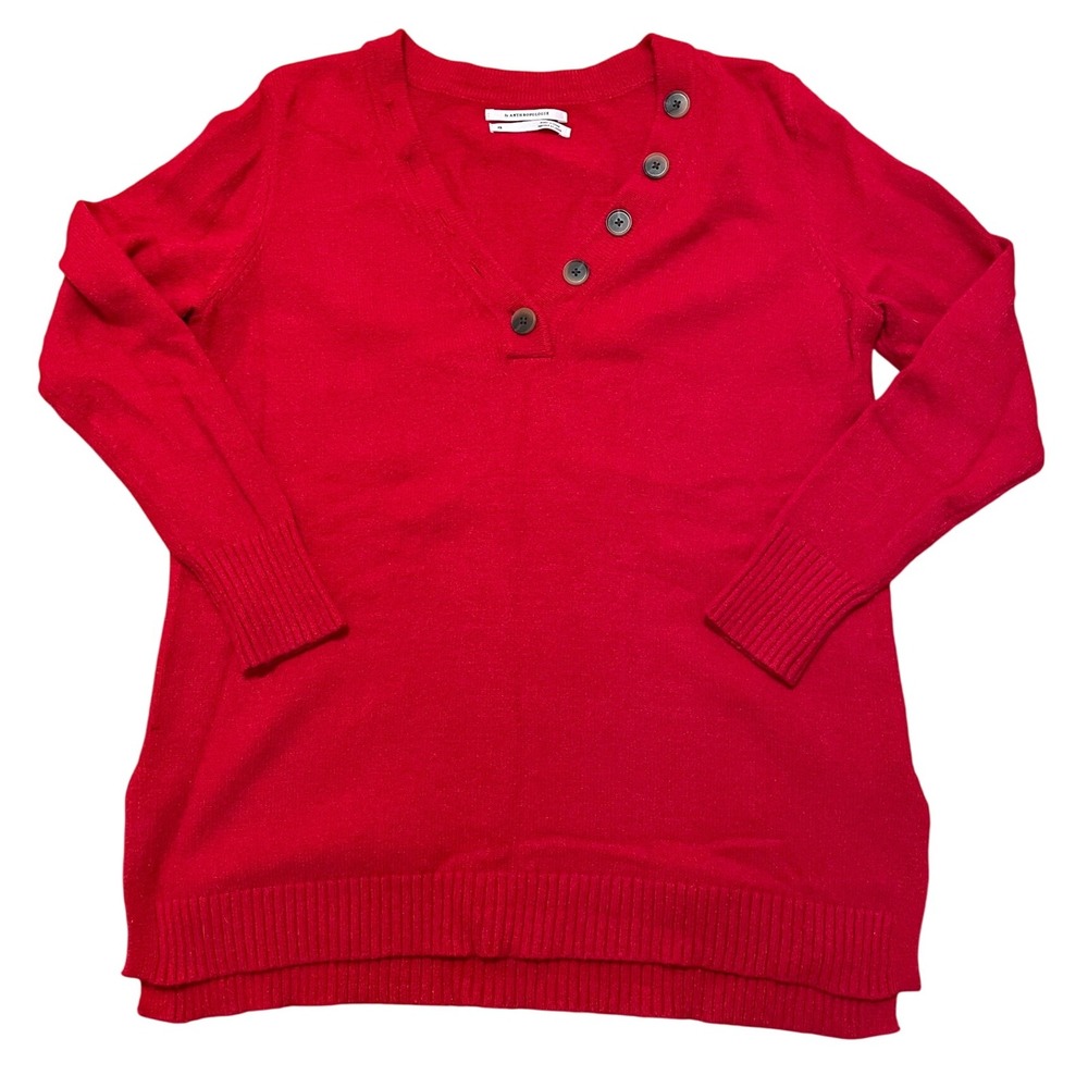 By Anthropologie Red Sweater V‎ Neck Button Detail Long Sleeve Top XS